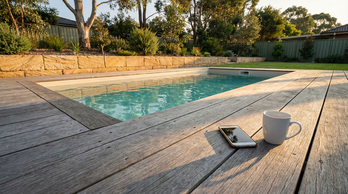 A completed fibreglass pool with timber decking and landscaped Australian backyard, with a phone and coffee mug resting on the deck edge 